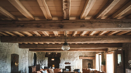 Rustic living room with exposed wooden beams and stone walls, featuring cozy seating and a warm, inviting atmosphere. Ideal for showcasing home interior design and decor.
