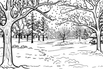 Obraz premium Coloring book illustration of a winter scene in a park with snow covering the ground and trees