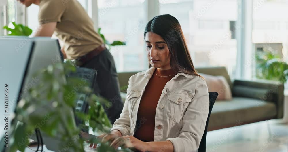 Poster Computer, smile and typing with business woman in office for administration, report or research. Desktop, design and programming with happy employee in creative workplace for web development