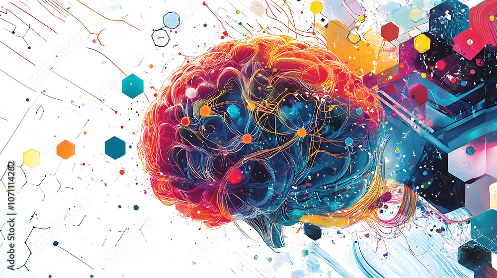 Aufkleber A colorful illustration of an abstract brain with neural connections, set against a white background with geometric hexagons and dots