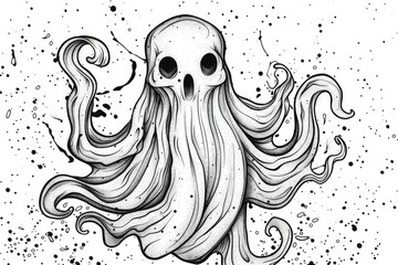 Coloring book illustration of a whimsical ghost symbol set against a blank canvas background