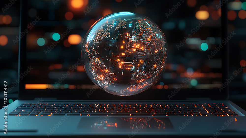 Poster A detailed globe with digital circuit patterns floating above an open laptop keyboard, symbolizing global connectivity and the technology that powers it