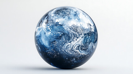 A blue glass globe with white and silver accents, centered on the screen against a light background The Earth is depicted in shades of gray inside the sphere