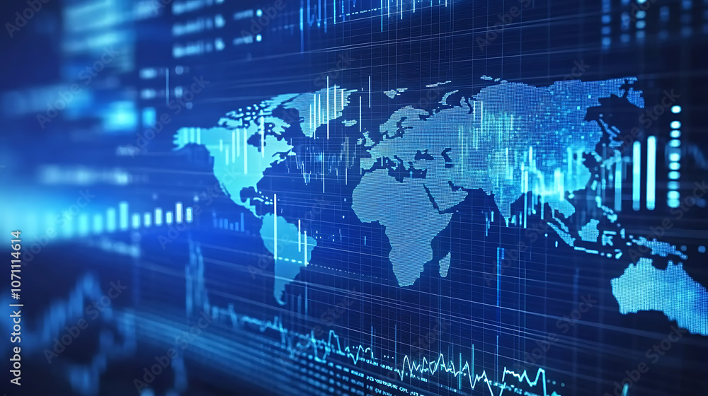 Poster A digital background featuring stock market charts and graphs, with the world map in blue hues The focus is on financial data visualizations such as candlestick chart patterns and line