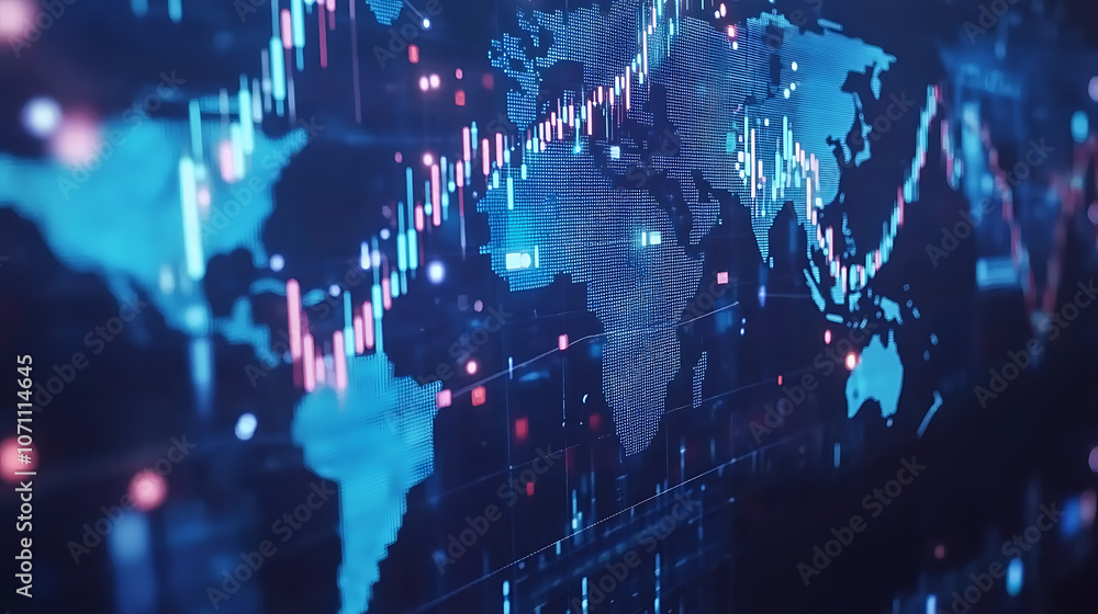 Poster A digital background featuring stock market charts and graphs, with the world map in blue hues The focus is on financial data visualizations such as candlestick chart patterns and line