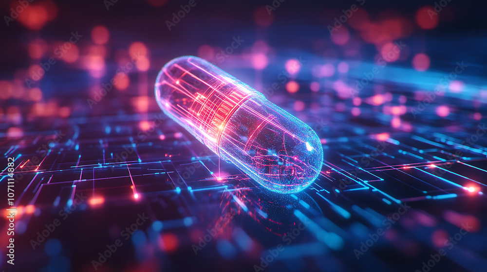 Poster A digital representation of a pill on a network background symbolizes ai-driven precision medicine
