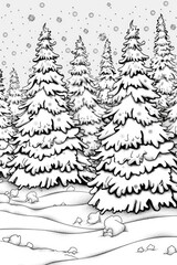 Obraz premium Coloring book illustration of evergreen trees blanketed in snow after a winter storm