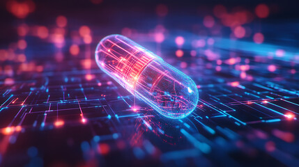 A digital representation of a pill on a network background symbolizes ai-driven precision medicine