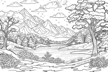 Coloring book illustration of a Winter landscape featuring snow covered mountains and serene scenery