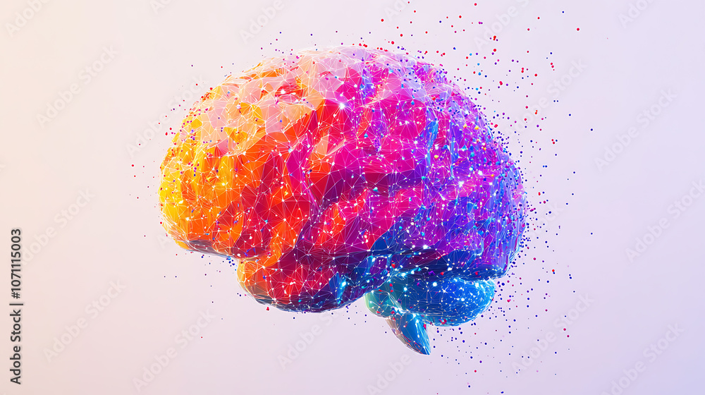 Aufkleber A colorful brain made of hexagons and data points on a white background, symbolizing artificial intelligence with geometric shapes
