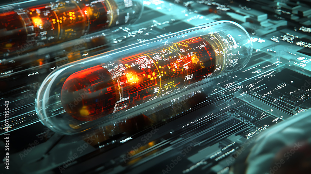 Aufkleber a digital representation of dna strands encapsulated in futuristic capsules, symbolizing advanced bi