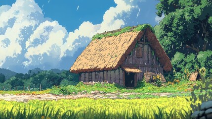 A thatched-roof cottage in a lush green field, with a blue sky and fluffy clouds above.