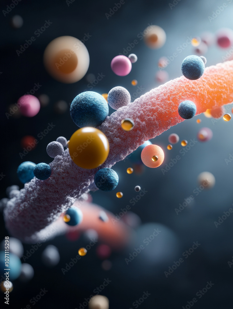 Poster 3d visualization of colorful spheres and particles in motion, representing molecular structures and 