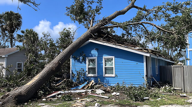 A fallen tree from a hurricane has damaged the roof of a blue house, causing significant structural damage