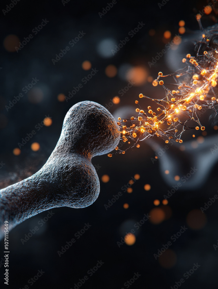 Poster detailed 3d representation of neurotransmitter molecule interacting with synapse, showcasing vibrant