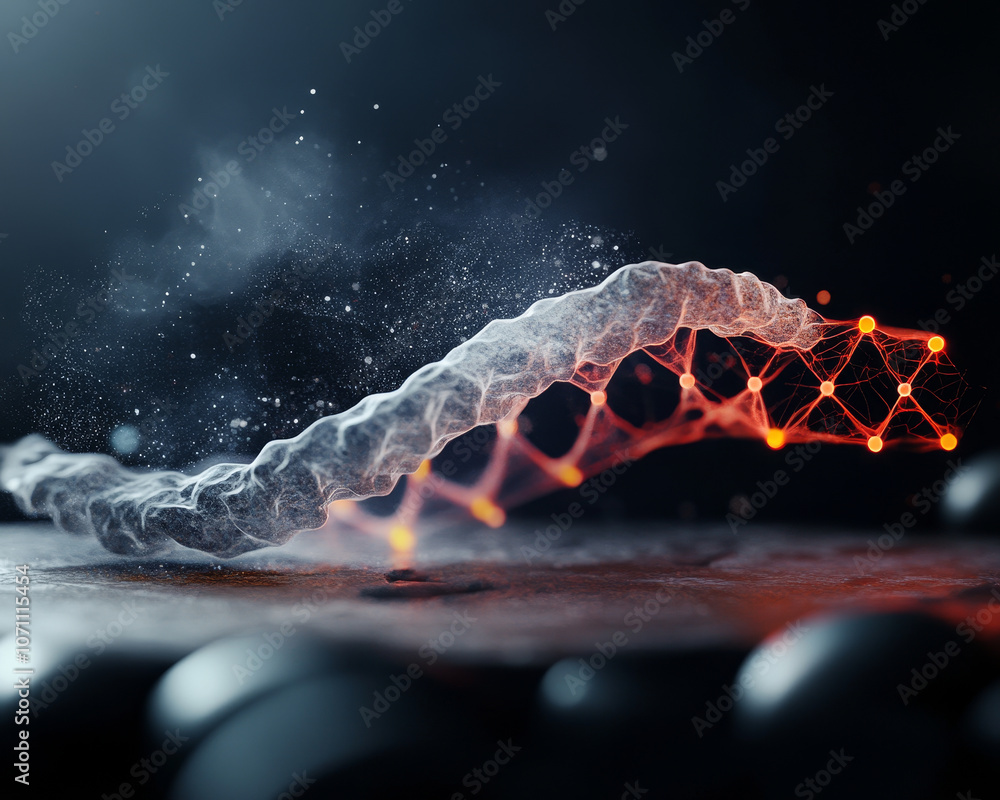 Poster 3d representation of dna with crystalline textures and glowing elements, showcasing intricate struct