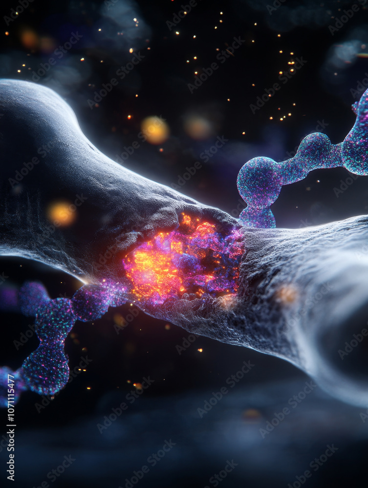 Poster 3d visualization of neurotransmitter illustrating its chemical structure and interactions. vibrant c