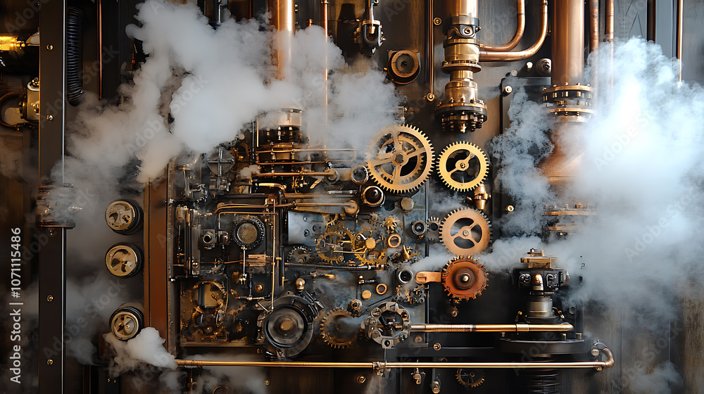 Poster a complex steampunk machine with gears, pipes, and steam billowing from its many intricate component