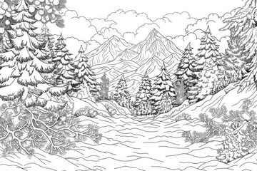 Naklejka premium Coloring book illustration of a snowy mountain scene Winter wonderland