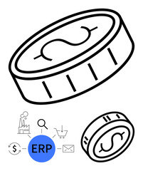 Outline of a coin with a dollar sign, alongside ERP-related icons including graphs, shopping cart, factory, search, email, and money. Ideal for finance, economy business management enterprise