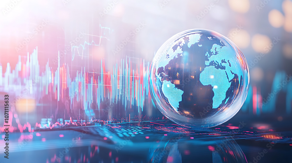 Leinwandbilder A glass globe with the world inside, placed on top of an abstract stock market graph in blue tones The background is white and features a line chart going up