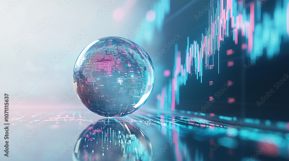 Poster a glass globe with the world inside, placed on top of an abstract stock market graph in blue tones t