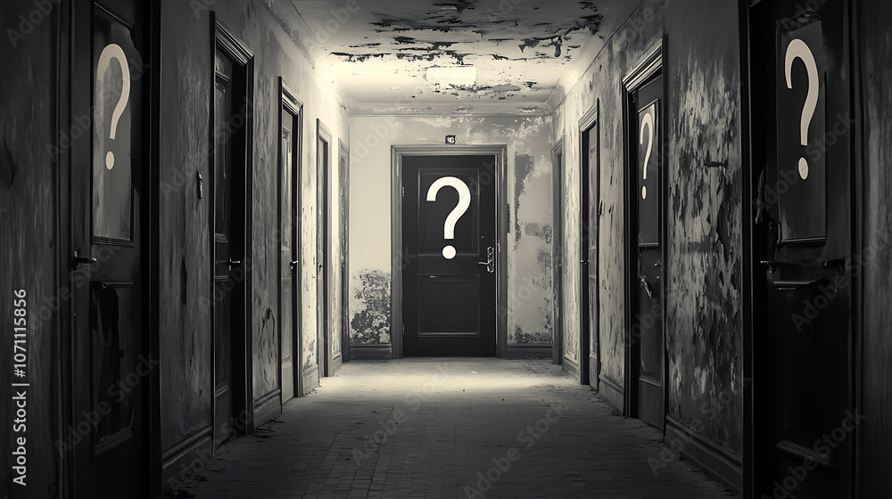 Poster A hallway with multiple doors, each marked with a question mark, symbolizing lifes choices and endless possibilities, The image evokes curiosity and the uncertainty of decision-making