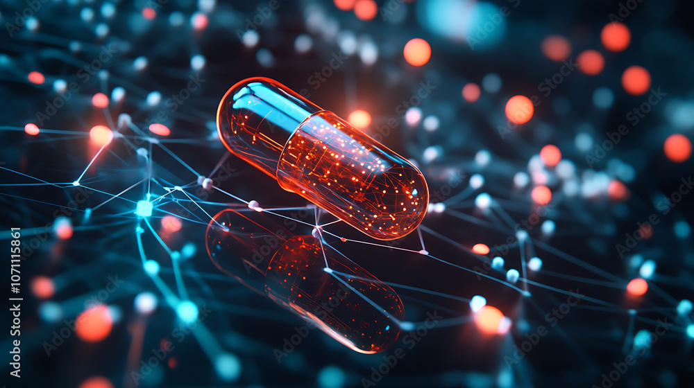 Poster a digital representation of a pill on a network background symbolizes ai-driven precision medicine