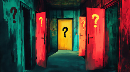 A hallway with multiple doors, each marked with a question mark, symbolizing lifes choices and endless possibilities, The image evokes curiosity and the uncertainty of decision-making