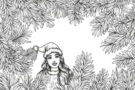 Coloring book illustration of a joyful Christmas scene featuring a young woman dressed as Santa Claus surrounded by pine needles and a space for personalization
