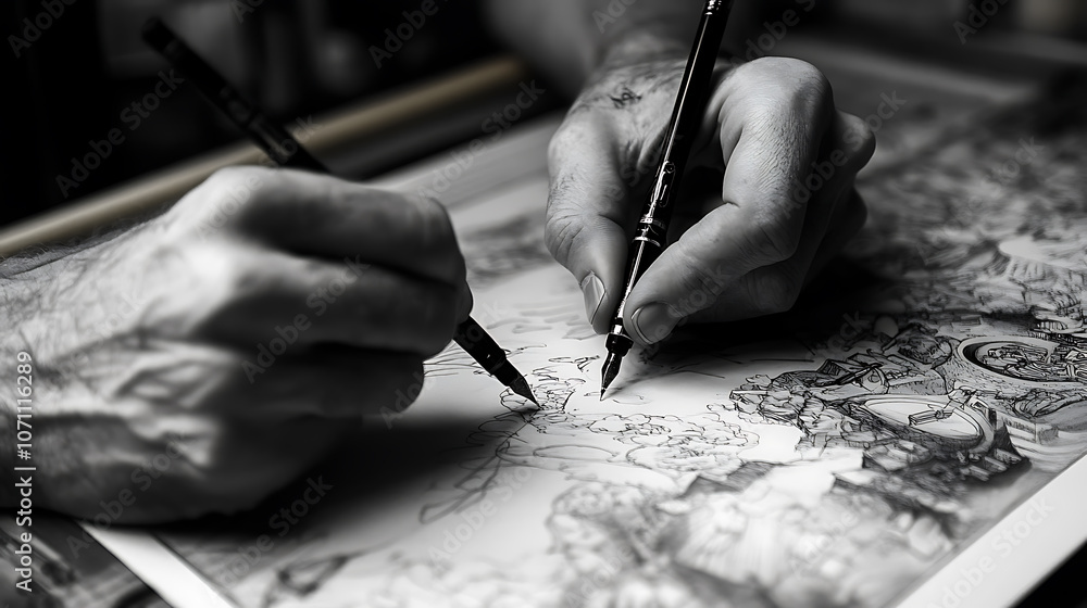Poster a hand holding an ink pen, writing on paper the drawing is in black and white with clear lines and d