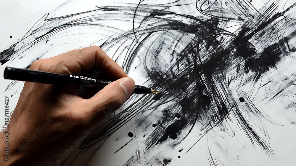 Aufkleber a hand holding an ink pen, writing on paper the drawing is in black and white with clear lines and d