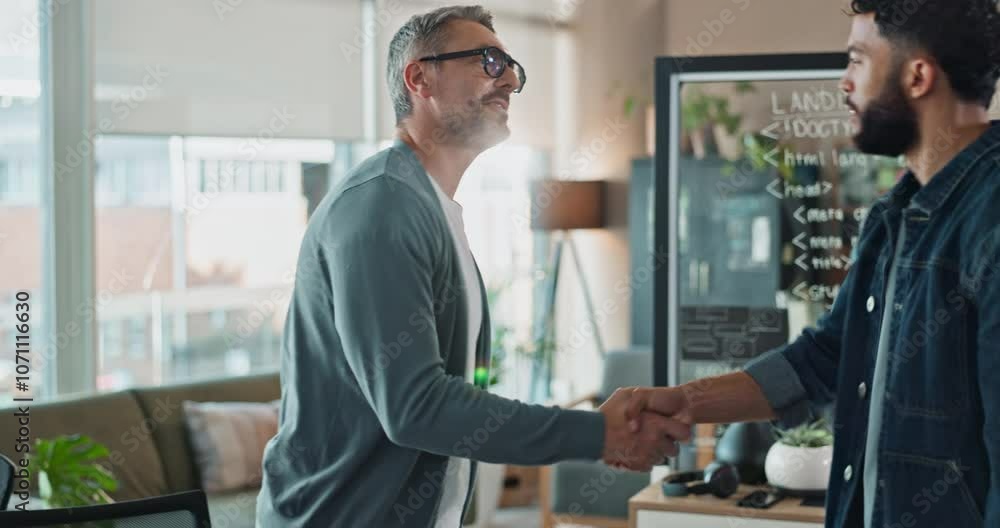 Poster greeting, handshake and introduction with business people in office together for collaboration. conv