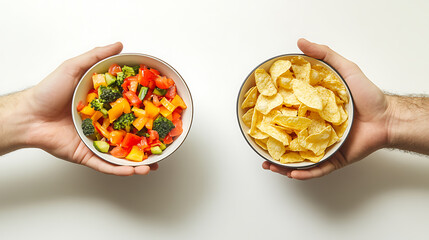 A hand holds a bowl of fresh vegetable salad while another hand holds a bowl of chips, symbolizing the choice between healthy and unhealthy food options