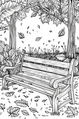 Fototapeta premium Coloring book illustration of a wooden bench surrounded by autumn scenery in a tranquil park setting