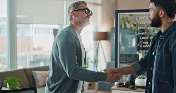 Greeting, handshake and introduction with business people in office together for collaboration. Conversation, hello and meeting with employee men shaking hands in workplace for partnership or welcome