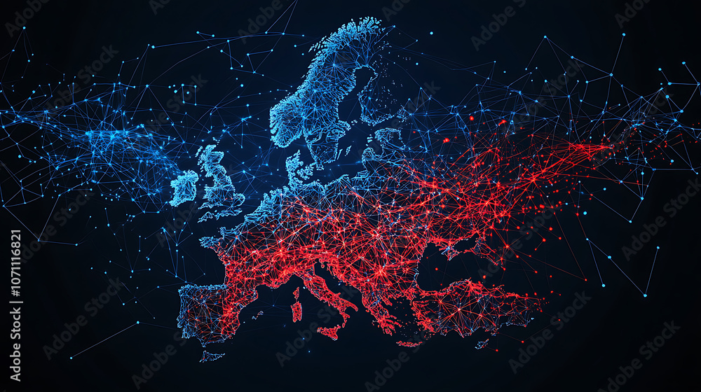 Aufkleber A map of Europe with red and blue lines connecting the cities, creating an animated effect that symbolizes global connectivity and data transfer between different countries
