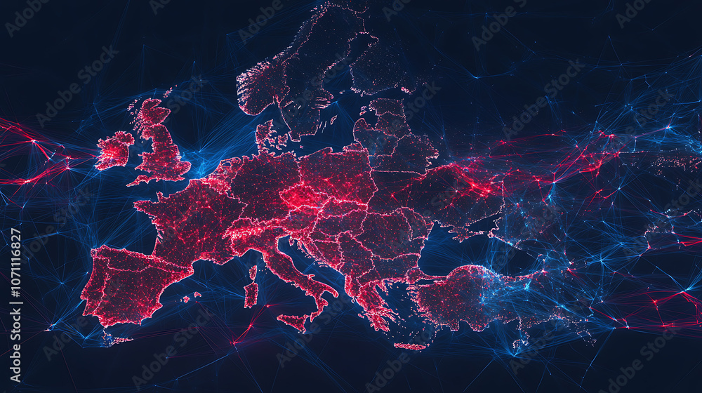 Poster A map of Europe with red and blue lines connecting the cities, creating an animated effect that symbolizes global connectivity and data transfer between different countries