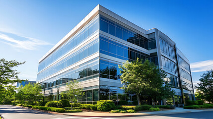 Obraz premium A modern office building with glass windows and trees outside, illuminated by sunlight against the blue sky