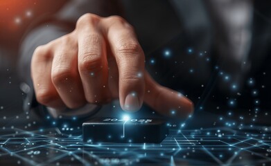 Hand Pressing Finger on Progress Bar Changing from 2023 to 2024 with Digital Technology Background for New Year and Business Concept