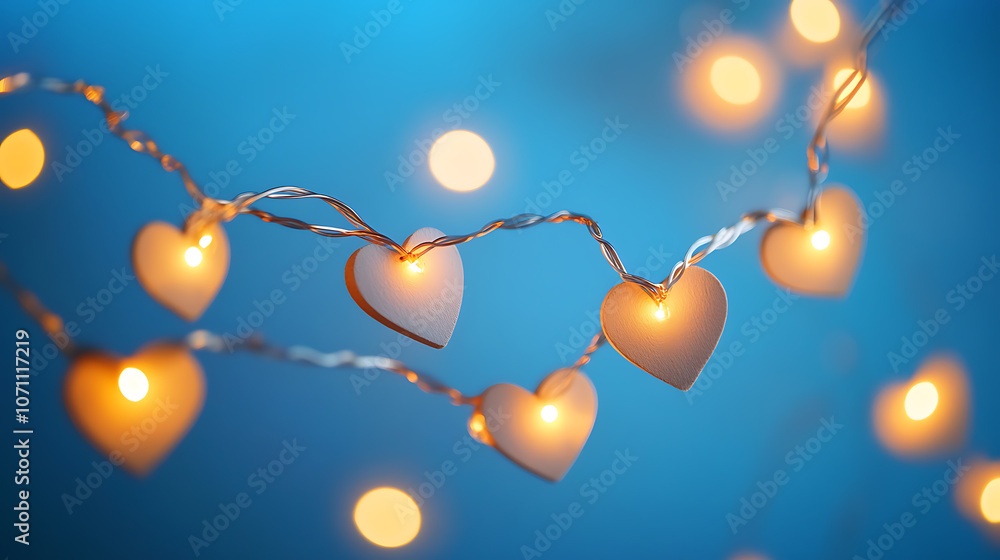 Poster a string of lights in the shape of hearts on a blue background