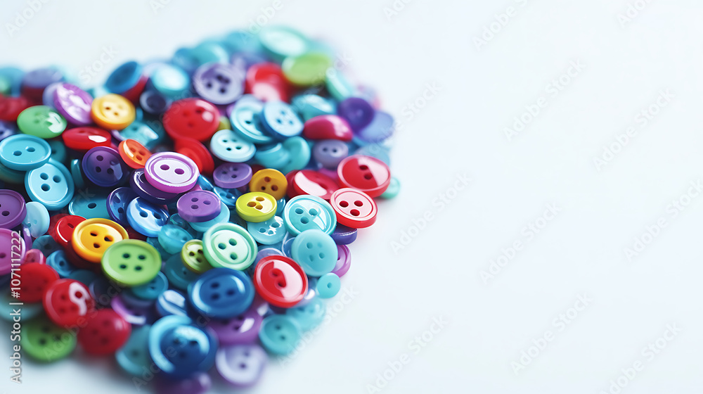 Aufkleber A close-up of colorful tiny plastic buttons arranged in a heart shape on a white background, serving as beautiful decorations with space for text