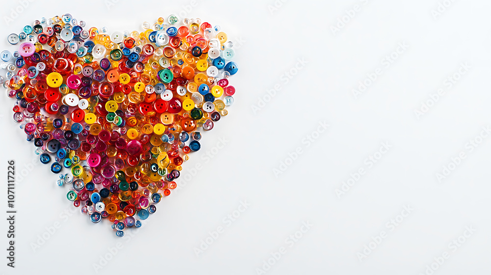 Poster A close-up of colorful tiny plastic buttons arranged in a heart shape on a white background, serving as beautiful decorations with space for text