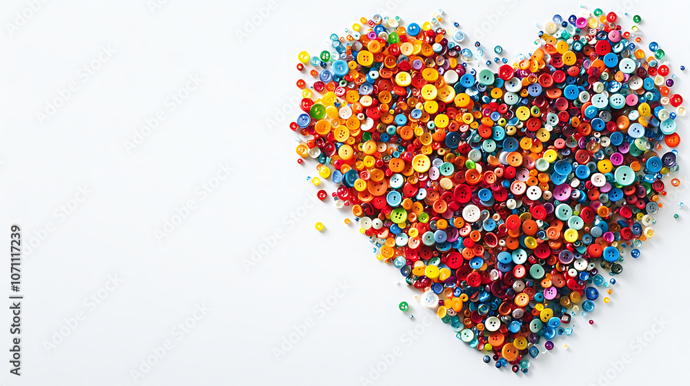 Poster A close-up of colorful tiny plastic buttons arranged in a heart shape on a white background, serving as beautiful decorations with space for text
