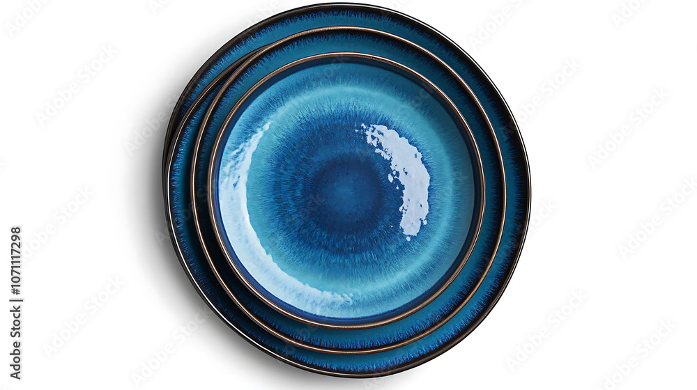 Poster a top view of a set of circular ceramic plates with a blue dish isolated on a white background is sh