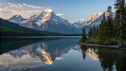 Calm alpine lake with perfectly still water reflecting snow-capped peaks