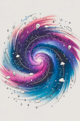 Colorful swirling galaxy illustration featuring vibrant pink, purple, and blue hues, with whimsical clouds and stars, creating a dreamy cosmic effect.