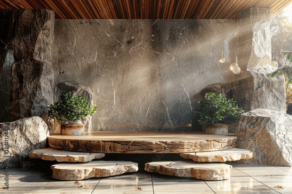 Poster abstract background for product presentation with stone podium and wood elements