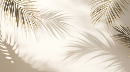 Abstract shadow of palm leaves on the white wall from early morning sunlight, Shadow of leaf on the wall, Transparent soft light and shadows from branches, plant, foliage, Product presentation, mockup