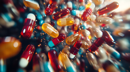 A creative representation of probiotics or medicine capsules being absorbed in the small intestine, symbolizing digestive supplements and intestinal microflora